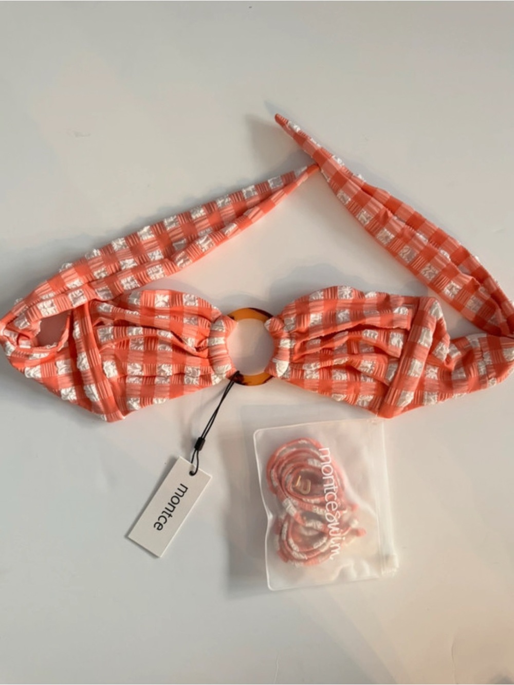 Montce Coral & White Gingham Ring-Front Bikini Top